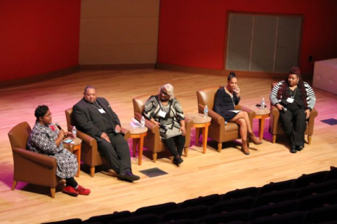 A panel of librarians discuss their experiences with Indiana's Librarians Leading in Diversity on a stage