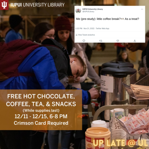 Advertisement for end of semester coffee station hosted in the university library