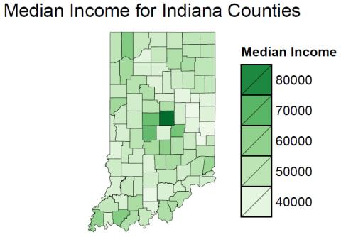 Map of Indiana counties coded by median income